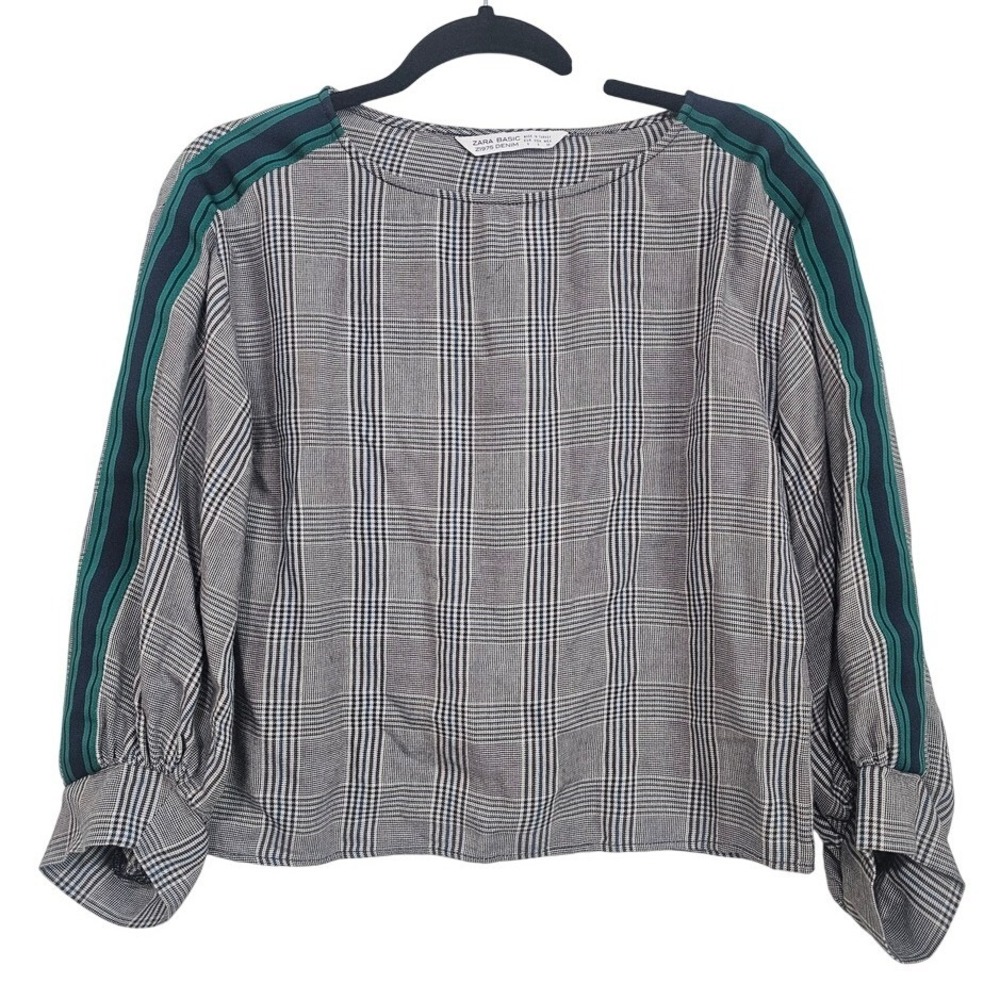 Zara Basic Women Small‎ Grey Plaid Top Green Racing Stripe Puff Sleeve Preppy ~ - Picture 1 of 7